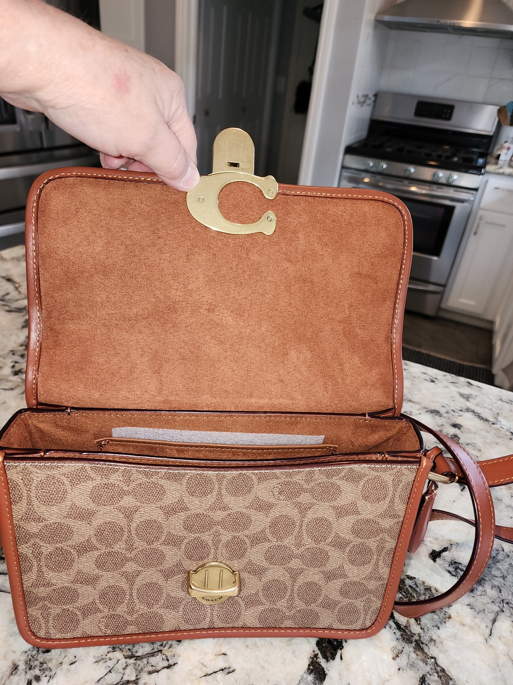 Coach Tan Signature Canvas Crossbody with Gold 'C' Lock - Picture 7 of 11